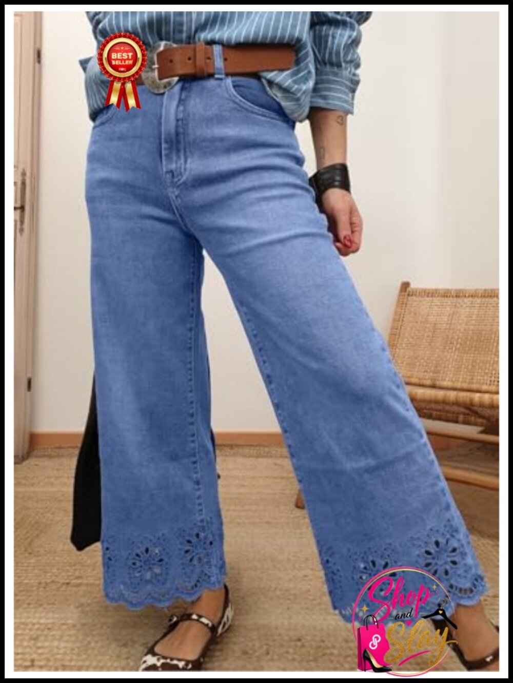 Womens Wide Leg Embroidered High Waisted Stretch Denim Jeans